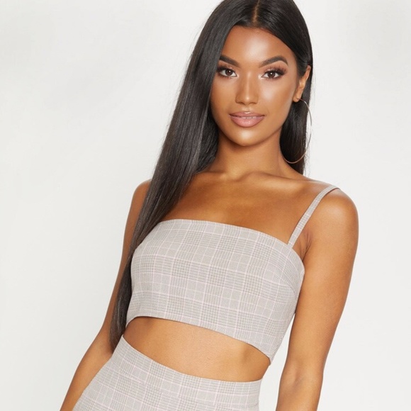 PrettyLittleThing Tops - Mocha Check Strappy Zip Back Crop Top NWT Size 2X
